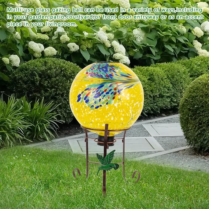 10" Diameter Solar Gazing Ball and 8.5" Metal Stand Indoor Outdoor Glass Globe Sphere Yard Art Ornament Solar Gazing Balls for Garden,Lawn,Porch,Patio Gardening Gift for Women(Yellow)-Ruum Studio Home