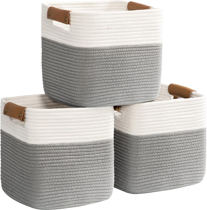 danpinera 3 Pack 11"x11" Woven Basket for Organizing, Square Storage Baskets for Pillows, Towels, Toy, Clothes, Magazines, Decorative Storage Cubes for Bedroom, Living Room, Classroom, Grey-Ruum Studio Home