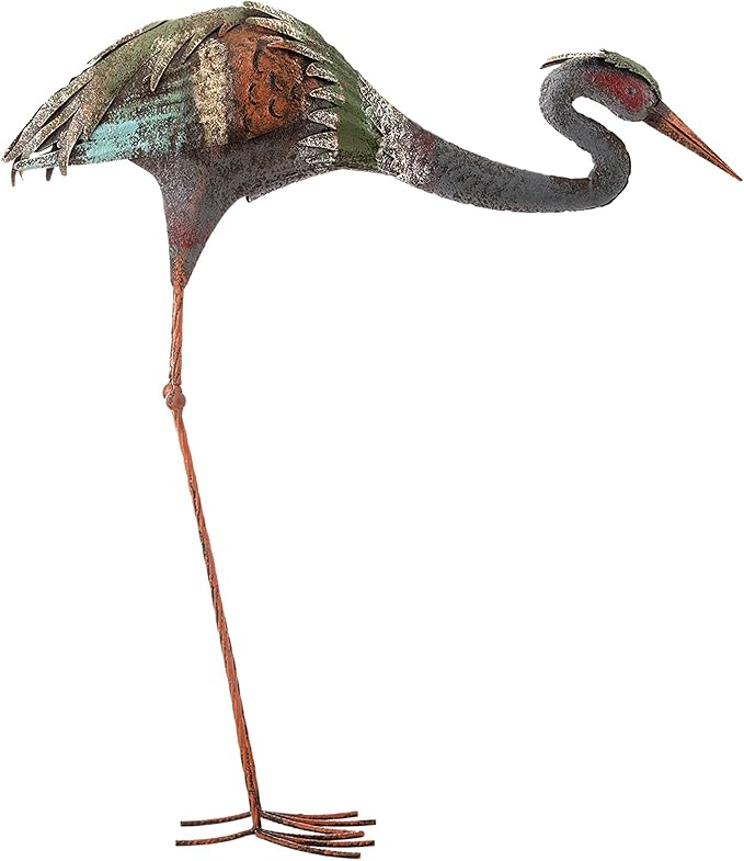 Alpine Corporation 30" Tall Outdoor Rustic Metal Bowing Crane Statue Yard Art Decoration-Ruum Studio Home