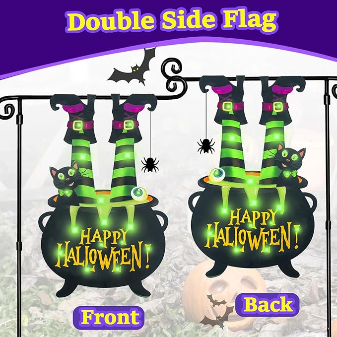 Halloween Lighted Garden Flag for Outside, Witch Feet Shape Flag Yard Decor, 8 Modes Double Sided Cauldron Eyeball Black Cat Outdoor Hlloween Decorations for Home Porch (Green-28x40)-Ruum Studio Home