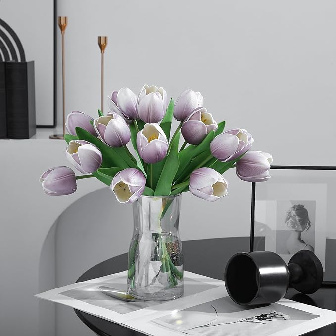 Light Purple Artificial Tulips, 2 Bundles 14Pcs, Fake Tulips Artificial Flowers, 2 x 2.4 Inch Large Flower Head Big Tulip, Easter Valentine's Day Mother's Day Home Decoration Flowers-Ruum Studio Home