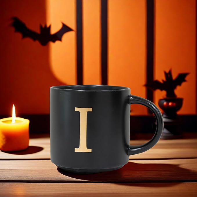 COLLECTIVE HOME - Monogram Ceramic Mugs, 15 oz Golden Initial Black Coffee Cups, Elegant Alphabet Tea Mugs, Elegant Personalized Mug with Gift Box, Unique Mug with Double Side Capital Lette (I)-Ruum Studio Home