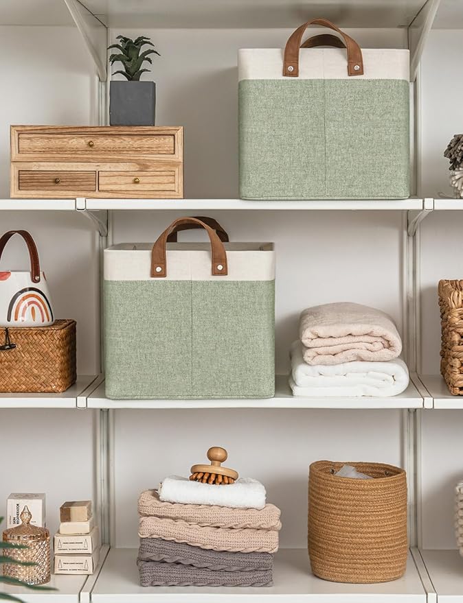 StorageWorks Storage Bins, Fabric Storage Bins for Shelves, Large Storage Baskets with Metal Frame, Closet Baskets and Bins with Handles, Green and White, 2-Pack-Ruum Studio Home