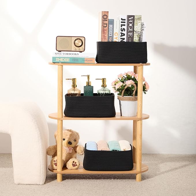 Small Storage Baskets for Organizing | Closet Organizer Bins | Shelf Toy Basket | Woven Rope Baskets | Cube Decorative Box | Shallow Basket | 11.5x7.5x4.7” | 4 Packs Black-Ruum Studio Home