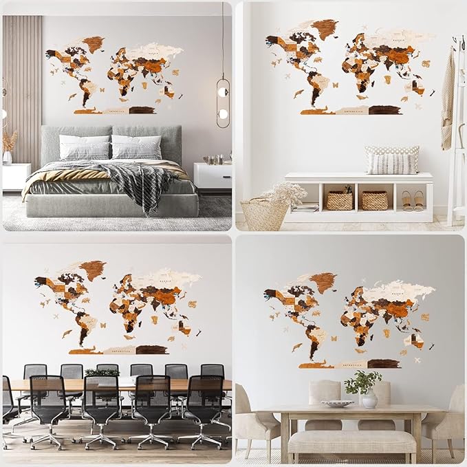 HYPERI Multilayered 3D Wooden World Map Wall Decor, Wood Art Wall Decor, Mapa Mundi Para Pared, World Maps and Push Pins, Valentine's Day Gifts For Dad, Mom, Boss, Husband, Wife (Medium)-Ruum Studio Home