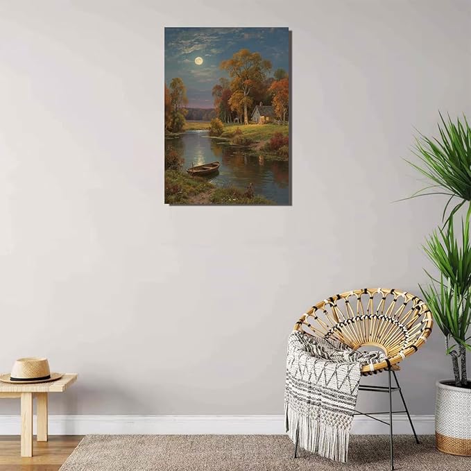 Small house by the stream under the moonlight tranquil style suitable for living room bedroom and office landscape poster wall art-Ruum Studio Home