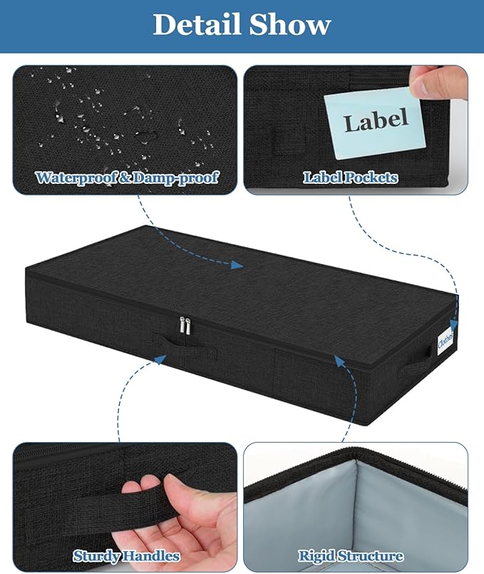 Cirhy Under Bed Storage Containers, 4.5 Inch Tall Low Profile Under Bed Storage with Sturdy Sidewalls & Bottom, UnderBed Storage for Clothes,Shoes, Pillow, Blankets Organizer, 2 Pack Black-Ruum Studio Home