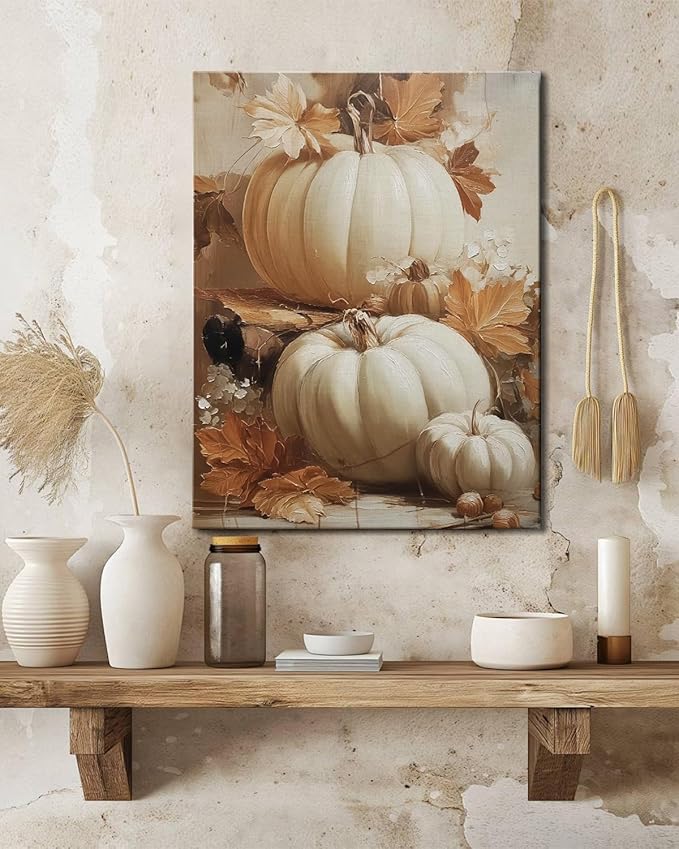 Rustic Autumn Pumpkin Wall Art Decor, Framed Vintage Thanksgiving Decorations, Fall Canvas Wall Art for Home, Kitchen and Living Room, Cozy Fall Decor Picture Print Ready to Hang-Ruum Studio Home