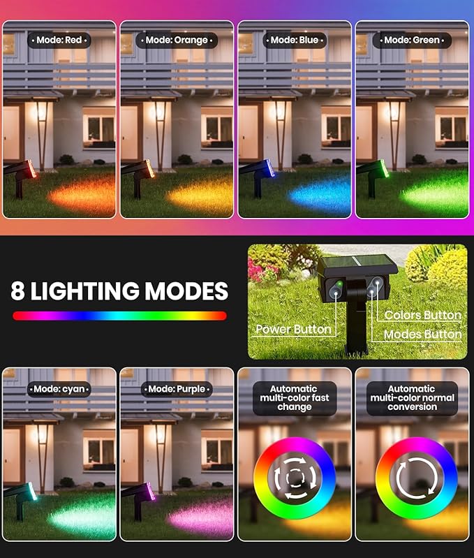 Solar Spot Lights Outdoor 2-Pack Multicolor IP65 Waterproof RGB - 6 Colors, 2 Modes, 105° Adjustable 58 LED Flood Lights, Solar Powered Spotlights for Yard, Garden, House & Landscape Lighting Outside-Ruum Studio Home