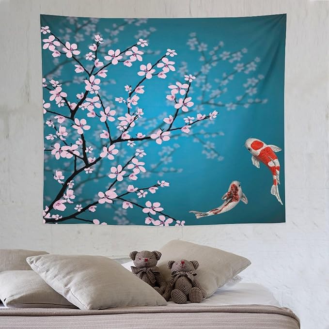 Japanese Koi Fish Tapestry, Cherry Blossoms Asian Oriental Green Teal Flower Branch Koi Fish Carp Tapestries Wall Hanging for Bedroom Living Room Office Decor 60"x50"-Ruum Studio Home