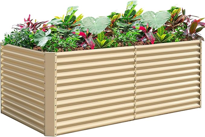 Land Guard 8x4x3ft Rectangular Galvanized Raised Garden Beds, Large-Capacity Metal Planter Box Outdoor, Durable Deep Raised Garden Bed 3ft Tall, Raised Beds for Gardening Vegetables, Cream Yellow-Ruum Studio Home