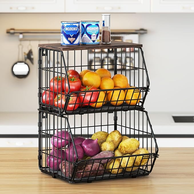 Wetheny 2 Tier Stackable Wall Mounted Wire Basket Fruit Basket with Wood Lid - Kitchen Pantry Organization and Storage, Hanging Storage Basket for fruits, Onion, Potato, Produce, Vegetable (Black)-Ruum Studio Home