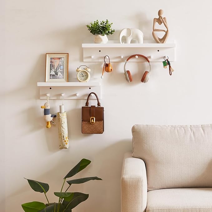Wood Coat Hook with Wall-Mounted Shelf,23.62in Entryway Wall Hanging Shelf,for Bathroom, Kitchen,Coat Towel Key Organizer White YD-WS0260W-Ruum Studio Home