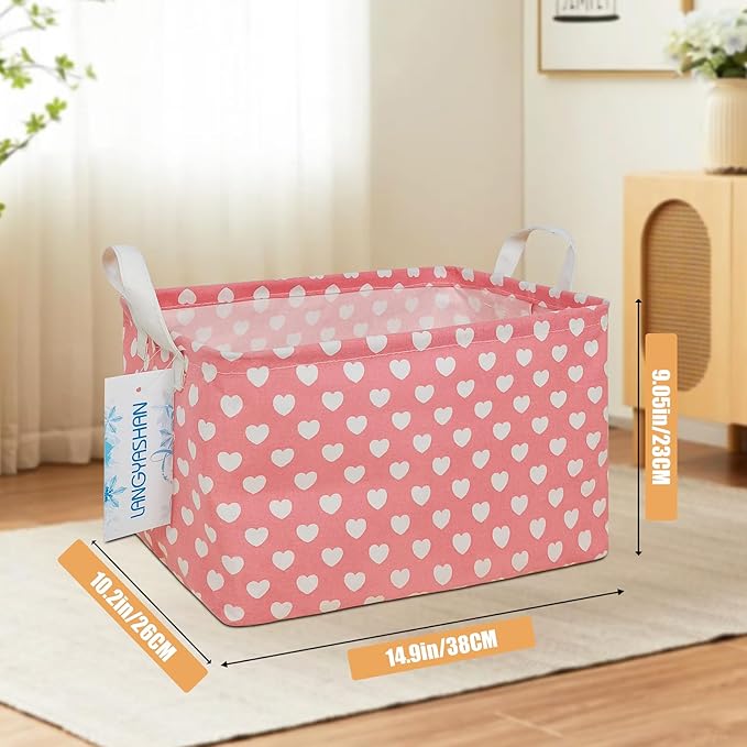 LANGYASHAN Rectangular Storage Bin Collapse Canvas Fabric Cartoon Storage Basket with Handles for Organizing Home Kitchen Boys and Girls Toys Office Closet Shelf Baskets (Rec pink heart)-Ruum Studio Home