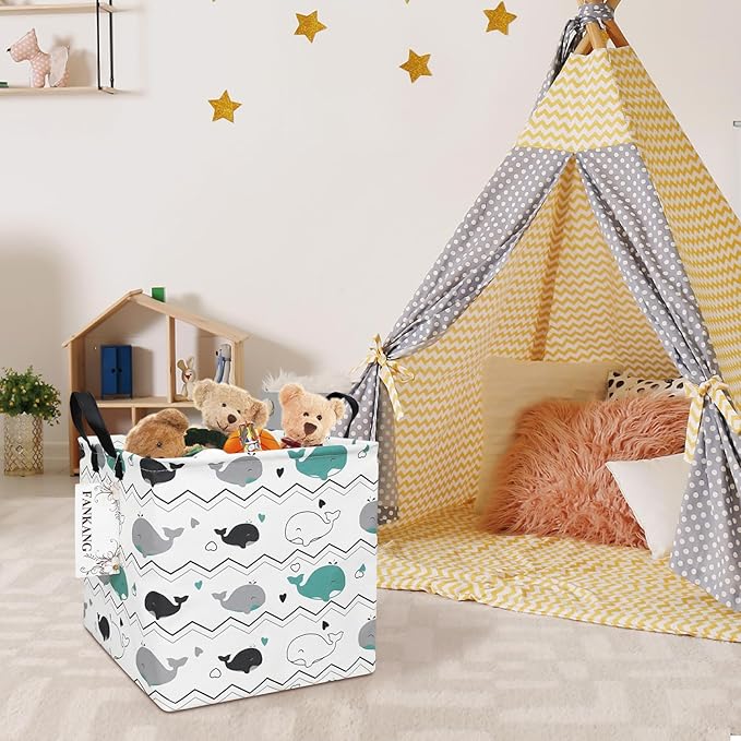 FANKANG Square Nursery Hamper Storage Bins Canvas Laundry Basket Foldable with Waterproof PE Coating Storage Baskets Gift Baskets for Children, Office, Bedroom, Clothes（Square-whales ）-Ruum Studio Home