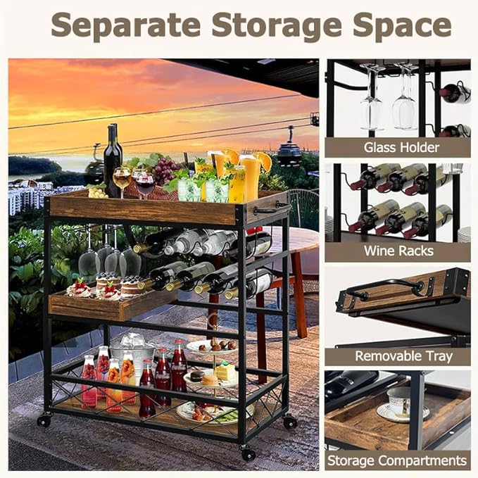 Vintage Bar Cart with Removable Tray and Wheels, Mobile Home Bar Serving Cart with Wine Rack, Glass Holder and Storage Shelves, 3-Tier Rolling Beverage Cart for Home or Patio-Ruum Studio Home