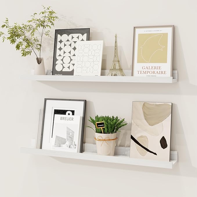 Picture Ledge Shelf, Solid Pine Wood Floating Shelves Set of 2, 24 Inches Nursery Book Shelves for Toys Storage, Kids Bookshelf Wall Mounted for Living Room Bedroom Decor Books Photo Frames, White-Ruum Studio Home
