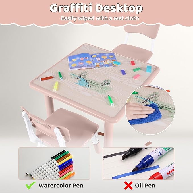 Kids Table and 2 Chairs Set, Height Adjustable (17.7"-26.1") Toddler Table and Chair Set, Multi-Activity Table with Graffiti Desktop, Children’s Table and Chairs for Classroom, Home & Daycare-Ruum Studio Home