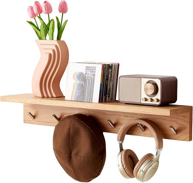 Oak Wood Wall Shelf with 6 Hooks, Entryway Shelf Coat Rack with Hooks Floating Shelves with Hooks for Clothes Hats Towel Purse Robes, Bathroom Mudroom Bedroom (27.5 inch)-Ruum Studio Home