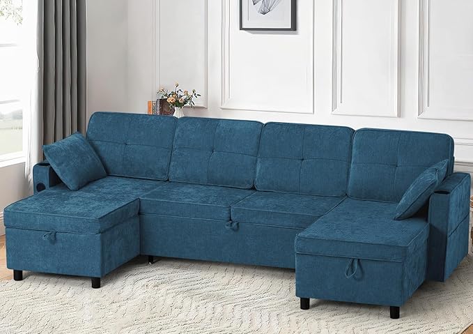 110 Inches Chenille Sectional Sofa w/Pull Out Sofa Bed & Adjustable Back, Tufted U Shaped Couch w/Two Storage Chaises, Sleeper Sectional Sofa w/USB Port & Cup Holders for Living Room, Blue-Ruum Studio Home