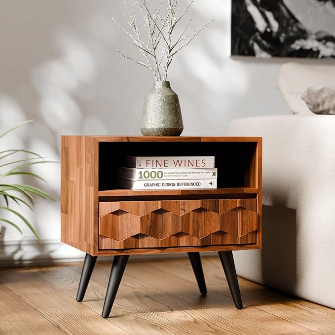 Bme Georgina Solid Wood Nightstand with 1 Drawer & Open Shelf- Fully Assembled Mid Century Modern Side Table - Geometric Pattern Bedside Dresser for Bedroom and Living Room, Dark Chocolate-Ruum Studio Home