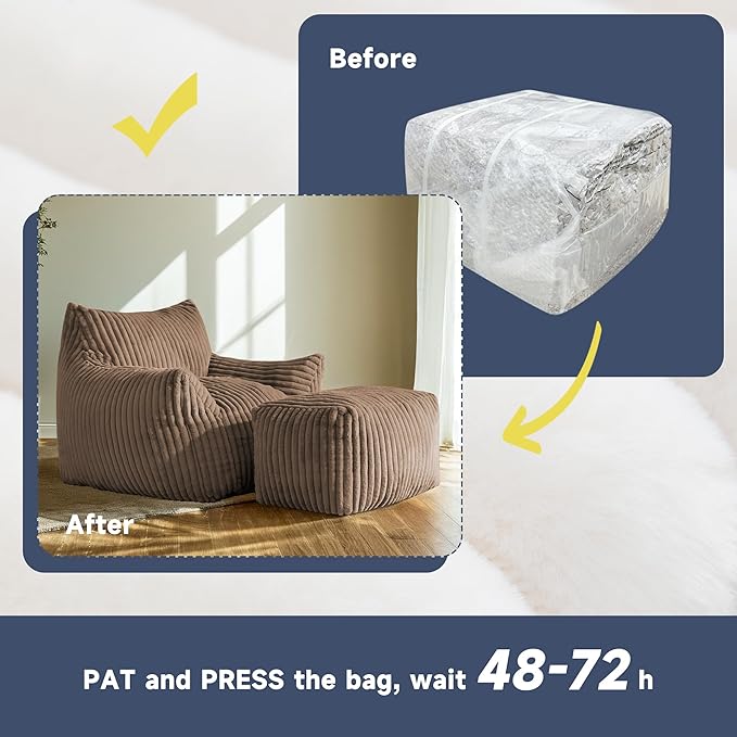 Giant Bean Bag Chairs for Adults, Oversized Chaise Lounge Chair Indoor with Memory Foam - Plush Boneless Lounger & Ottoman for Bedroom, Living Room, Gaming & Reading, Lazy Floor Sofa Chair, Khaki-Ruum Studio Home