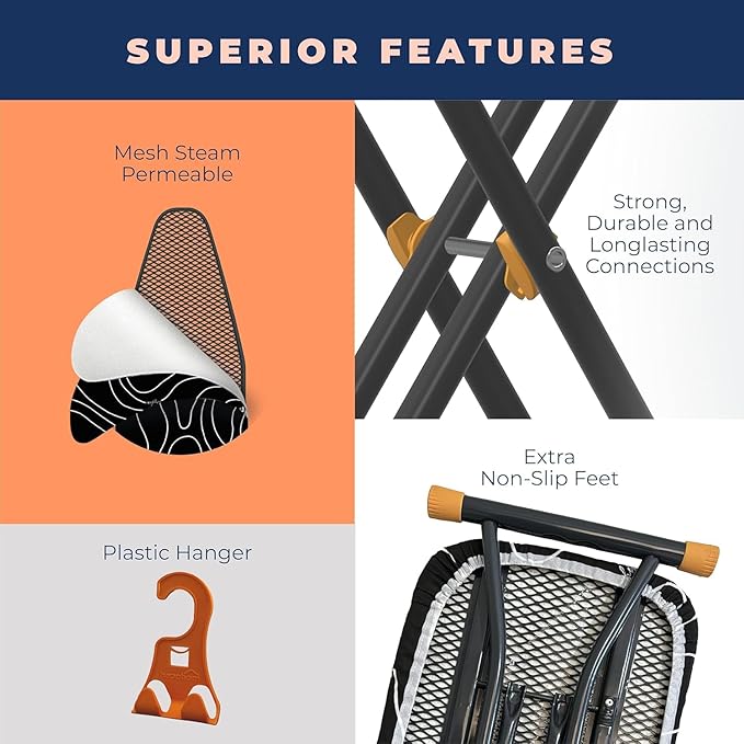 Ironing Board, Compact and Space Saver Ironing Board with Extra Thick 3 Layers Cover, Height Adjustable, Easy Storage with Smart Hanger and Heavy Duty Steel Legs, Black (13x43)-Ruum Studio Home