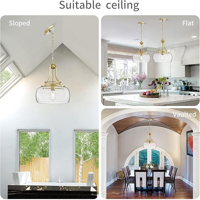 WUZUPS Chandelier Rustic Farmhouse Industrial Round Ceiling Pendant LED Light Fixture with Clear Glass Shades for Dining Room Kitchen Island Foyer Entryway, H 17" x W 13.4", E26 Base, Gold-Ruum Studio Home
