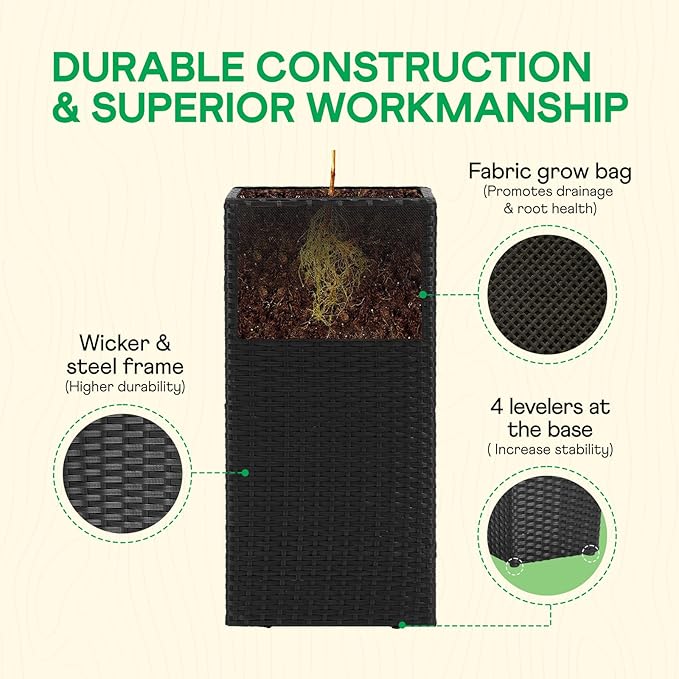 IDZO All-Weather Wicker Planters, Set of 2, 24 in Tall Wicker Planters, Self-Watering with Drainage, Durable PP Material, Raised Garden Bed Alternative, Indoor Outdoor Use, Modern Rattan Design-Ruum Studio Home