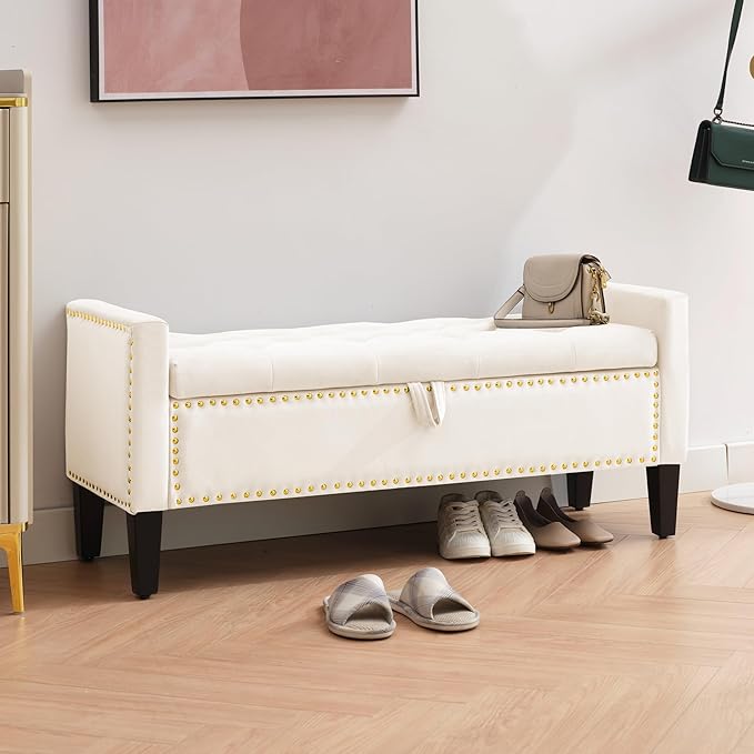 Storage Ottoman Bench, Velvet Upholstered Footstool for Bedroom and Living Room, Tufted Seat with Storage, Wooden Legs & Metal Rivets, Beige-Ruum Studio Home