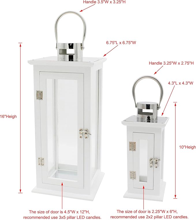 CVHOMEDECO. Decorative Elegant Wood Hurricane Candle Lantern with Stainless Top and Glass Inserts for Home Patio Outdoor Decor. White, Set of 2-Ruum Studio Home