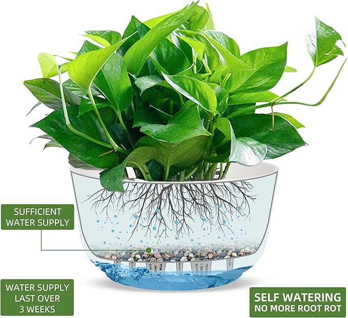 Dexceder 8.75 Inch Self Watering Hanging Planters Indoor Outdoor, Thickened Hanging Basket Flower Plant Pot (2 Pack, White)-Ruum Studio Home