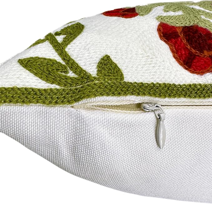 Alysheer Floral Embroidered Summer Lumbar Decorative Throw Pillow Cover 12"x 20", Farmhouse Cottage Red Flowers Green Leaves Patterned Cotton Canvas Cushion Case for Sofa Couch Bed Living Room Decor-Ruum Studio Home
