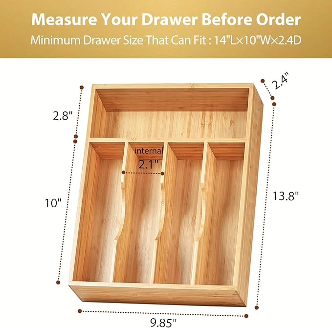 Umilife Kitchen Drawer Organizer, 10 Inch Silverware Utensil Tray Holder, Extra Deep, with Non-Slip Feet & Grooved Drawer Divider, 5 Slots Total Bamboo Wood Caddy for Flatware Cutlery Knives-Ruum Studio Home