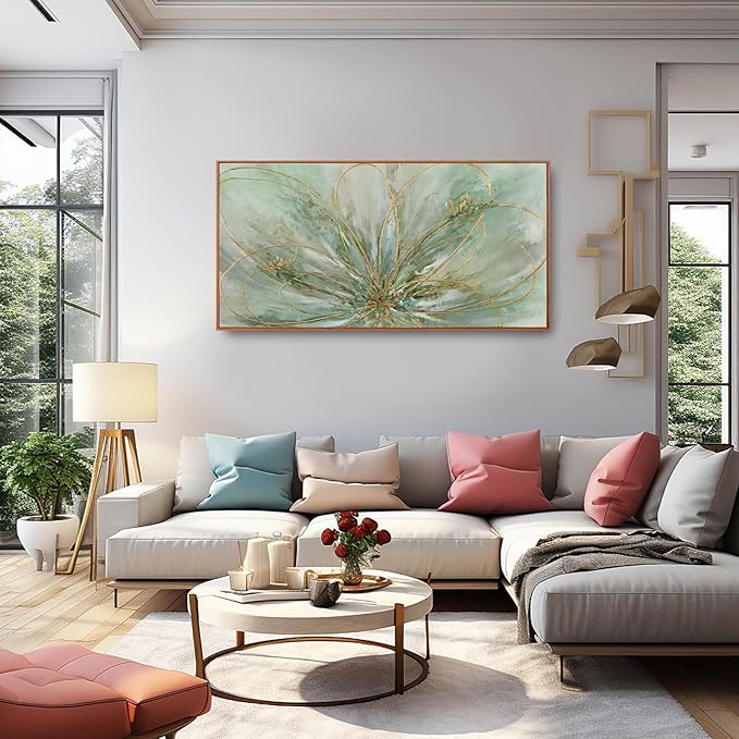 YJYart Green Abstract Canvas Artwork Flowers Wall Decor for Office Line Art Painting 24"x 48" Pictures for Bedroom Dining Room Neutral Wall Art-Ruum Studio Home