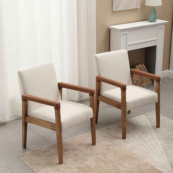 Kmax Modern Dining Chairs Set of 4 Linen Fabric Kitchen Arm Chairs Upholstered Accent Chairs with Wooden Legs for Dining Room, Living Room, Bedroom, White-Ruum Studio Home