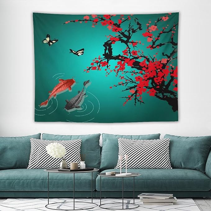 Houselerax Japanese Koi Fish Tapestry, Cherry Blossoms Asian Oriental Green Teal Floral Branch Koi Fish Carp Tapestries Wall Hanging for Bedroom Living Room Office Decor 80"x60"-Ruum Studio Home