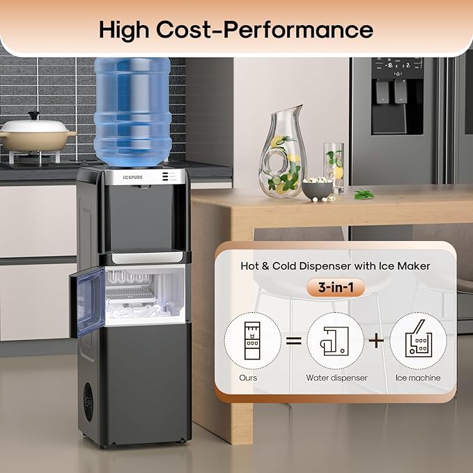 ICEPURE 3-in-1 Water Dispenser with Ice Maker, Water Cooler Dispenser for 5 Gallon Bottle Built-in Bullet Ice Maker Top Loading, Hot and Cold Water Dispenser for Home/Office, 33lbs/24H, Child Lock-Ruum Studio Home