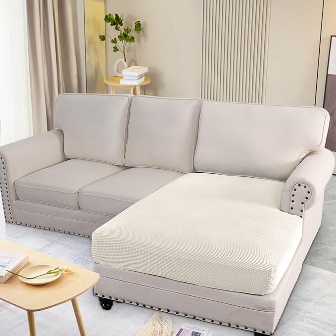 H.VERSAILTEX Super Stretch Individual Chaise Cover Sectional Couch Covers for L Shaped Sofa Both Left/Right Featuring Thick Jacquard Textured Twill Fabric (1 Piece Chaise Cover Large, Porcelain)-Ruum Studio Home