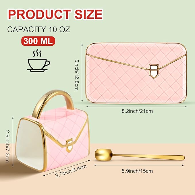 Zubebe 1 Set Coffee Mug Elegant Handbag Shaped Cup Modern Ceramic Purse Mug with Spoon and Saucer, 10oz Cute Creative Tea Cup for Office Home Woman Girls Gift (Pink)-Ruum Studio Home