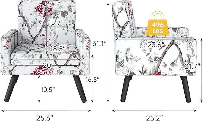 Kromax Mid-Century Modern Accent Chair Set of 2 for Living Room, 496 Lb. Weight Capacity, Dual Armrests, Comfy Extra Large Seat, Timeless Style Perfect for Reading & Relaxing, Red Floral-Ruum Studio Home