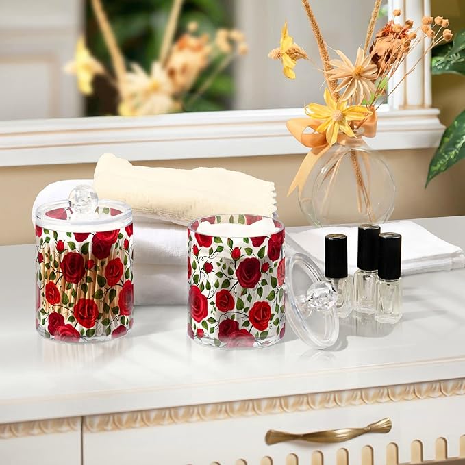 2 Pack Qtip Holder Dispenser Red Rose Flowers Bathroom Storage Canister Lid Acrylic Plastic Apothecary Jar Set Vanity Makeup Organizer for Cotton Swab/Ball/Round Pads, Floss-Ruum Studio Home