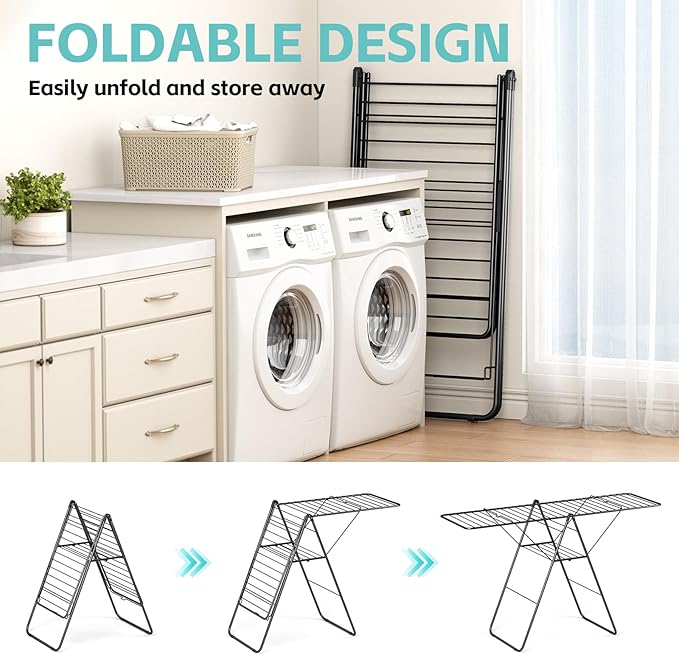 APEXCHASER Clothes Drying Rack, Oversized Drying Rack Clothing with Height-Adjustable, Foldable Gullwings Metal Laundry Rack, Indoor Outdoor Use, No Assembly, Black-Ruum Studio Home