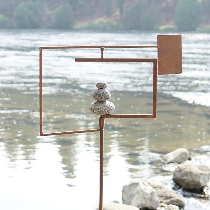 Modern Zen Garden Spinner Kinetic Wind Sculpture with Rock Cairn & Stake - Relaxing Outdoor Spinners for Yard and Garden - Handmade Outdoor Wind Art Vane Sculptures (Bare Steel)-Ruum Studio Home