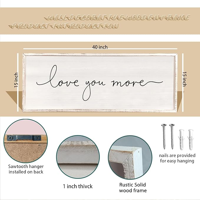 Love You More Sign 40''×15'' Master Bedroom Above Over Bed Wall Decor Modern Farmhouse Large Vintage Wood Framed Hanging Over Bed Bedside Wall Art (White)-Ruum Studio Home