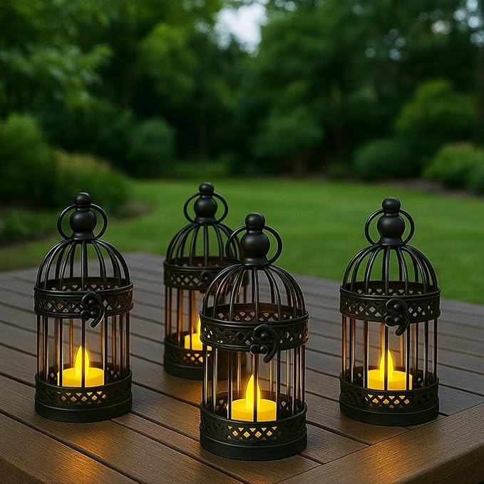 Vela Lanterns Birdcage Decor Candle Holder Lantern Decorative Table Centerpiece Halloween Decorations, Black, Small, Set of 4-Ruum Studio Home