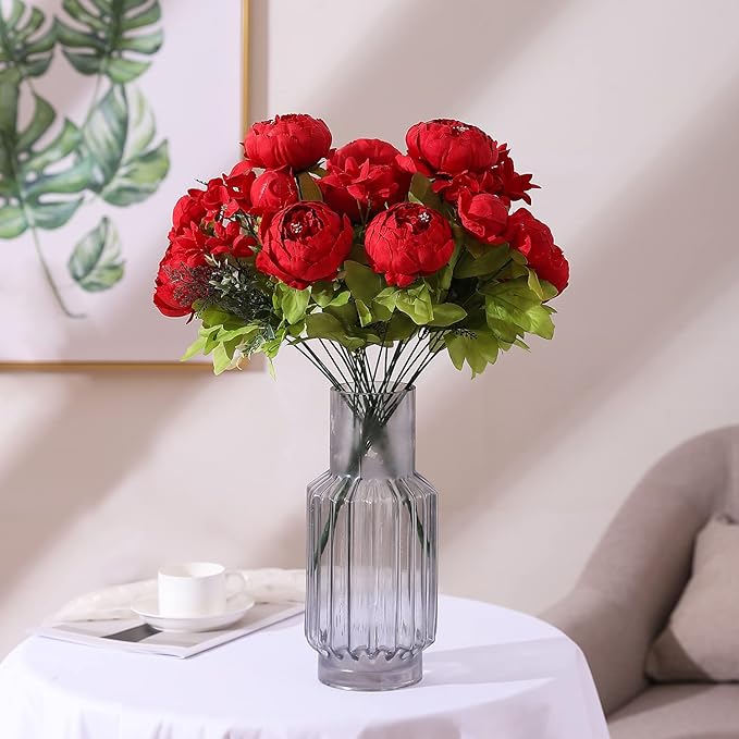 Duovlo Springs Flowers Artificial Silk Peony Bouquets Wedding Home Decoration,Pack of 1 (Spring Red)-Ruum Studio Home