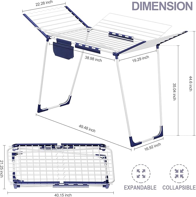 APEXCHASER Clothes Drying Rack Foldable, Drying Rack Clothing Large Space, Winged Laundry Rack with Sock Clips for Hanging Towels Clothes Dress Bedding Indoor Outdoor, White-Ruum Studio Home