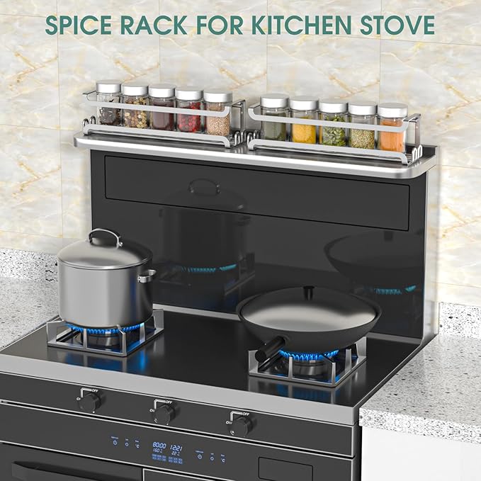 LUCYCAZ 2 Pack Wall Mounted Spice Rack with 16 Hooks, Spice Organizer Shelf for Stove Cabinet Pantry Door,Screw or Adhesive Spice Shelf Hanging Wall Spice Rack in Kitchen and RV (Silver, 2 PACK)-Ruum Studio Home