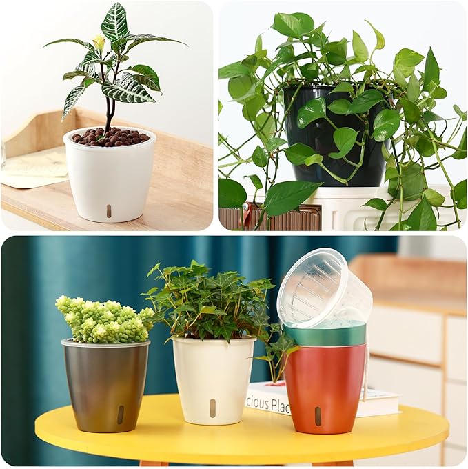 Self Watering Pots for Indoor Plants, 6-Pack 5'' Self Watering Planter with Drainage Holes, Small African Violet Pots with Water Indicator, Clear Wick Orchid Pot, Black-Ruum Studio Home